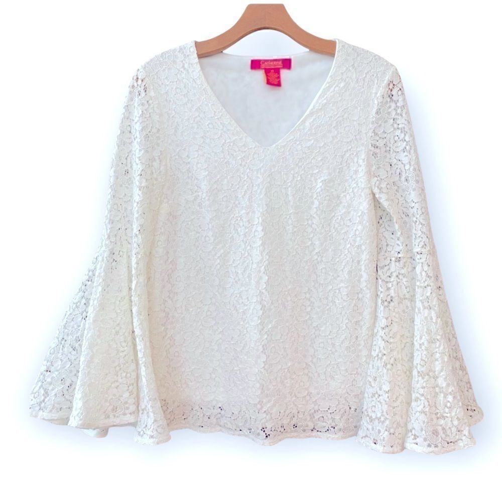 Catherine Maldonado XS White Eyelet Angel BOHO Flowy Flared Sleeves Blouse